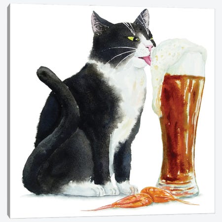 Tuxedo Cat And Dark Beer Canvas Print #AXS135} by Alexey Dmitrievich Shmyrov Art Print