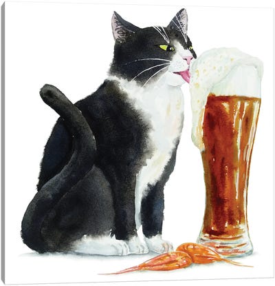 Tuxedo Cat And Dark Beer Canvas Art Print - Tuxedo Cat Art