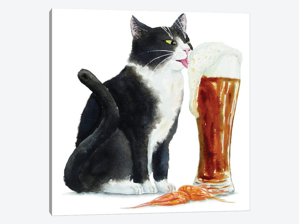 Tuxedo Cat And Dark Beer by Alexey Dmitrievich Shmyrov 1-piece Canvas Artwork