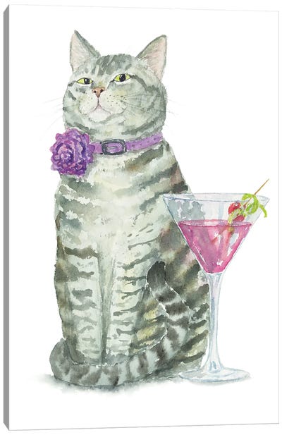 Tabby Cat And Cosmo Drink Canvas Art Print - Cocktail & Mixed Drink Art