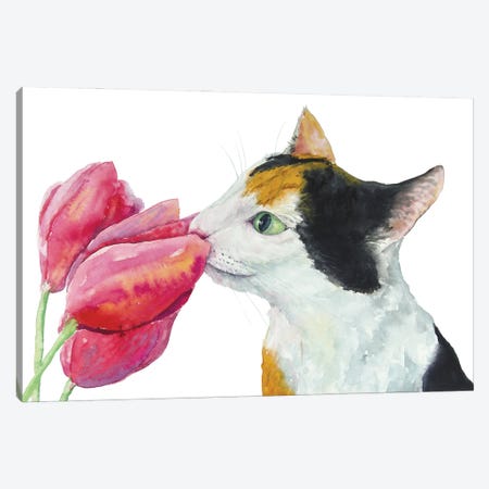 Calico Cat And Tulips Canvas Print #AXS138} by Alexey Dmitrievich Shmyrov Canvas Art