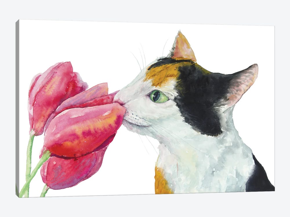Calico Cat And Tulips by Alexey Dmitrievich Shmyrov 1-piece Art Print