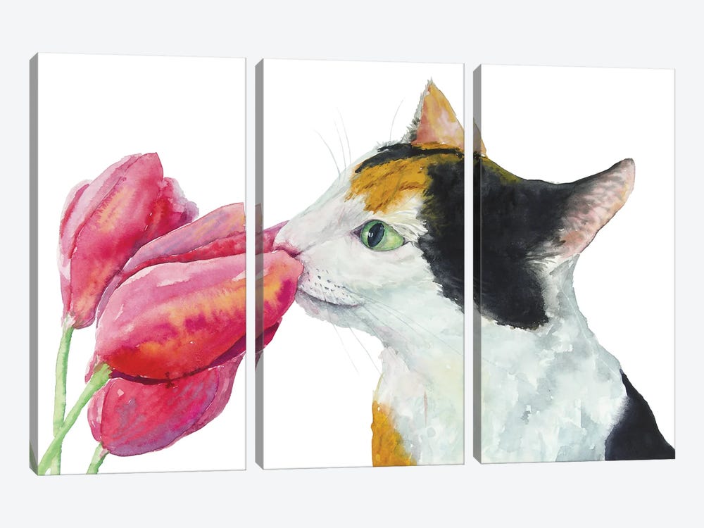 Calico Cat And Tulips by Alexey Dmitrievich Shmyrov 3-piece Canvas Print