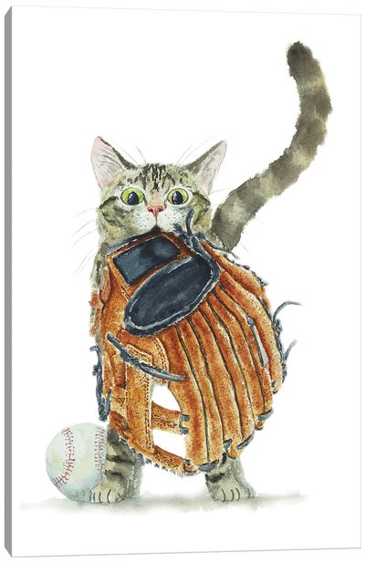 Baseball Tabby Cat Canvas Art Print - Kitten Art
