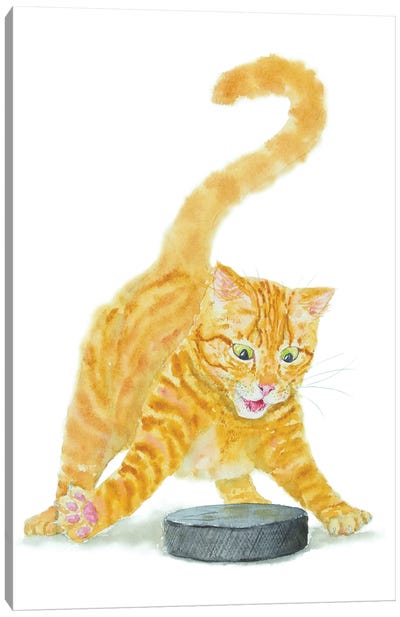 Hockey Orange Cat Canvas Art Print - Hockey Art