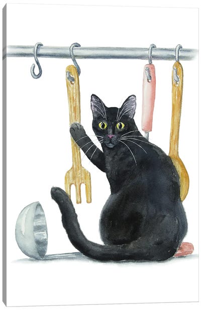 Black Cat In The Kitchen Canvas Art Print - Kitchen Equipment & Utensil Art