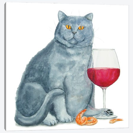 British Cat With Wine Canvas Print #AXS14} by Alexey Dmitrievich Shmyrov Canvas Artwork