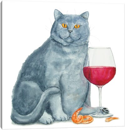 British Cat With Wine Canvas Art Print - British Shorthair Cat Art