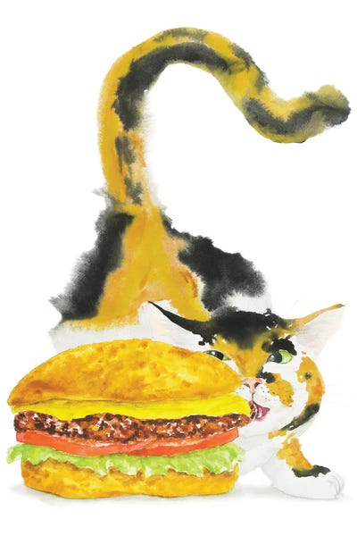 Calico Cat And Burger by Alexey Dmitrievich Shmyrov framed canvas print