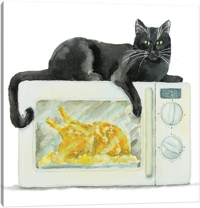 Black Cat On The Microwave Canvas Art Print - Kitchen Equipment & Utensil Art