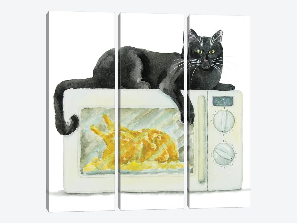 Black Cat On The Microwave by Alexey Dmitrievich Shmyrov 3-piece Canvas Art Print