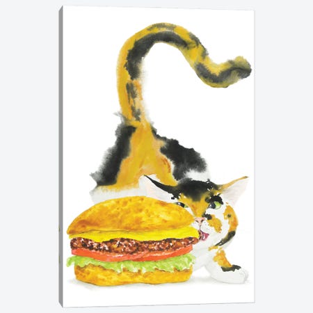 Calico Cat And Burger Canvas Print #AXS15} by Alexey Dmitrievich Shmyrov Canvas Artwork
