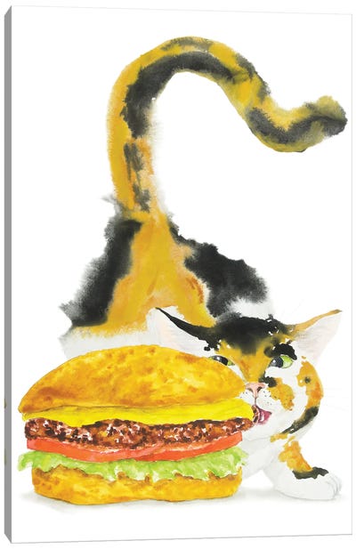 Calico Cat And Burger Canvas Art Print - Calico Cat Art