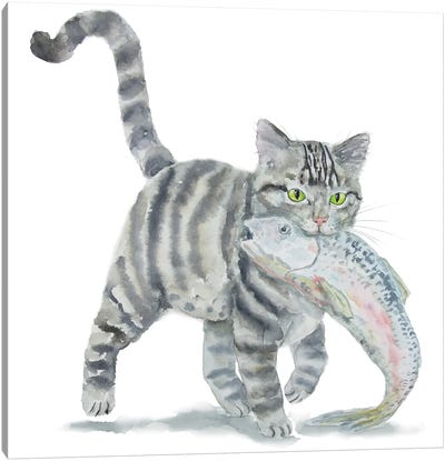 Gray Tabby Cat And Fish Canvas Art Print - Alexey Dmitrievich Shmyrov