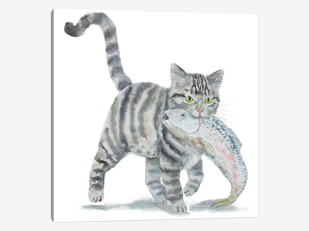 Gray Tabby Cat And Fish by Alexey Dmitrievich Shmyrov 1-piece Canvas Print
