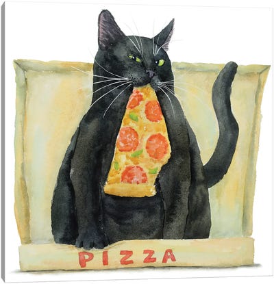 Black Cat And Pizza Canvas Art Print - Pizza