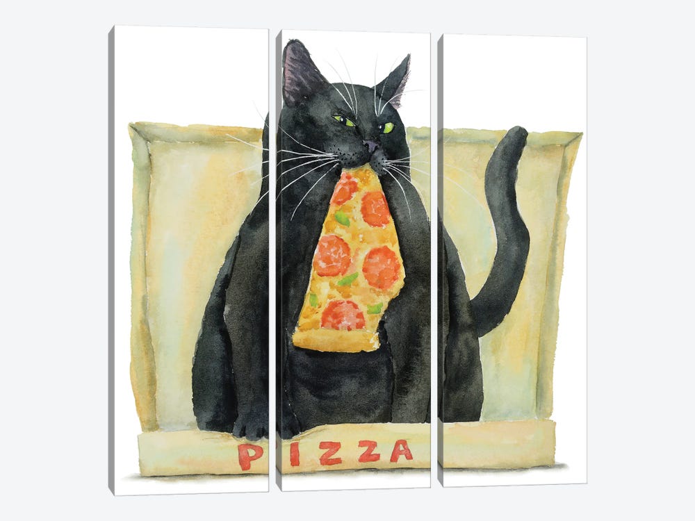 Black Cat And Pizza by Alexey Dmitrievich Shmyrov 3-piece Canvas Print