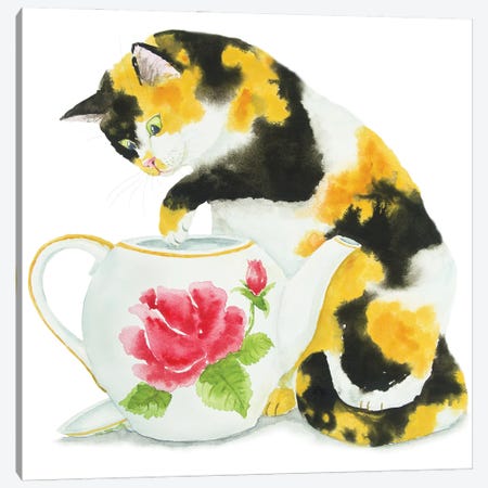 Calico Cat And Teapot Canvas Print #AXS16} by Alexey Dmitrievich Shmyrov Canvas Artwork
