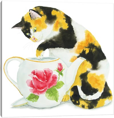 Calico Cat And Teapot Canvas Art Print - Calico Cat Art