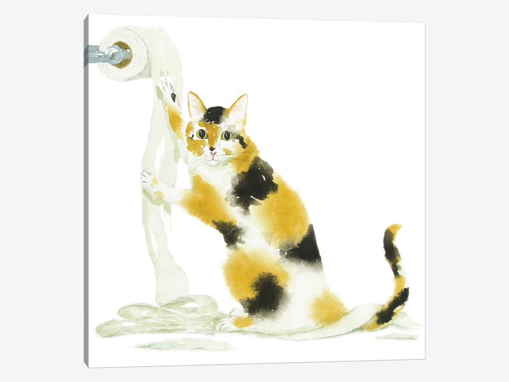 Calico Cat And Toilet Paper by Alexey Dmitrievich Shmyrov 1-piece Canvas Artwork