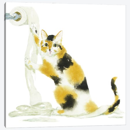 Calico Cat And Toilet Paper Canvas Print #AXS17} by Alexey Dmitrievich Shmyrov Canvas Artwork