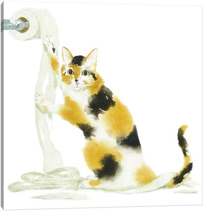 Calico Cat And Toilet Paper Canvas Art Print - Calico Cat Art