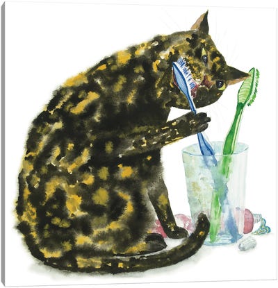 Cat Brushing Teeth Canvas Art Print - Alexey Dmitrievich Shmyrov