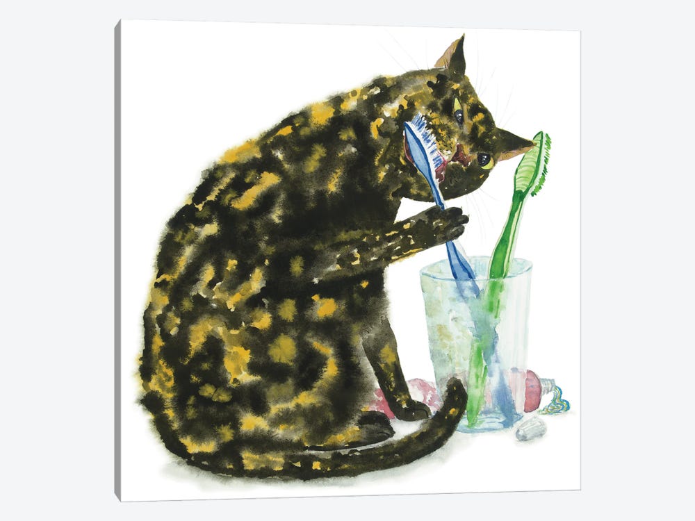 Cat Brushing Teeth by Alexey Dmitrievich Shmyrov 1-piece Canvas Art Print
