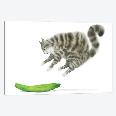 Сat Scared By A Cucumber Canvas Print #AXS1} by Alexey Dmitrievich Shmyrov Canvas Artwork