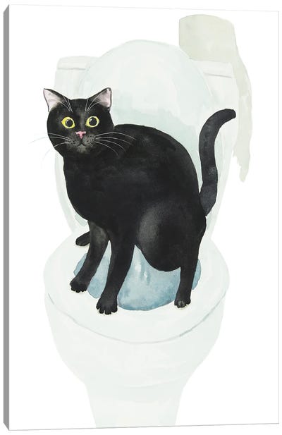 Black Cat On The Toilet Canvas Art Print - Bathroom Humor Art