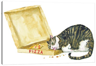 Fat Tabby Cat And Pizza Canvas Art Print - Alexey Dmitrievich Shmyrov