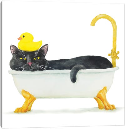 Bathing Black Cat Canvas Art Print - Bathroom Humor Art