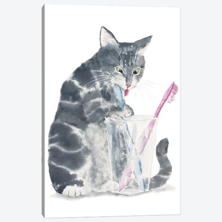 Gray Tabby Cat Brushing Teeth Canvas Print #AXS33} by Alexey Dmitrievich Shmyrov Art Print