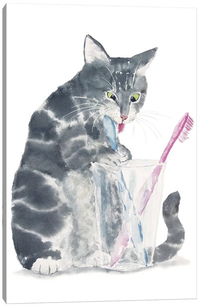Gray Tabby Cat Brushing Teeth Canvas Art Print - Tabby Cat Art