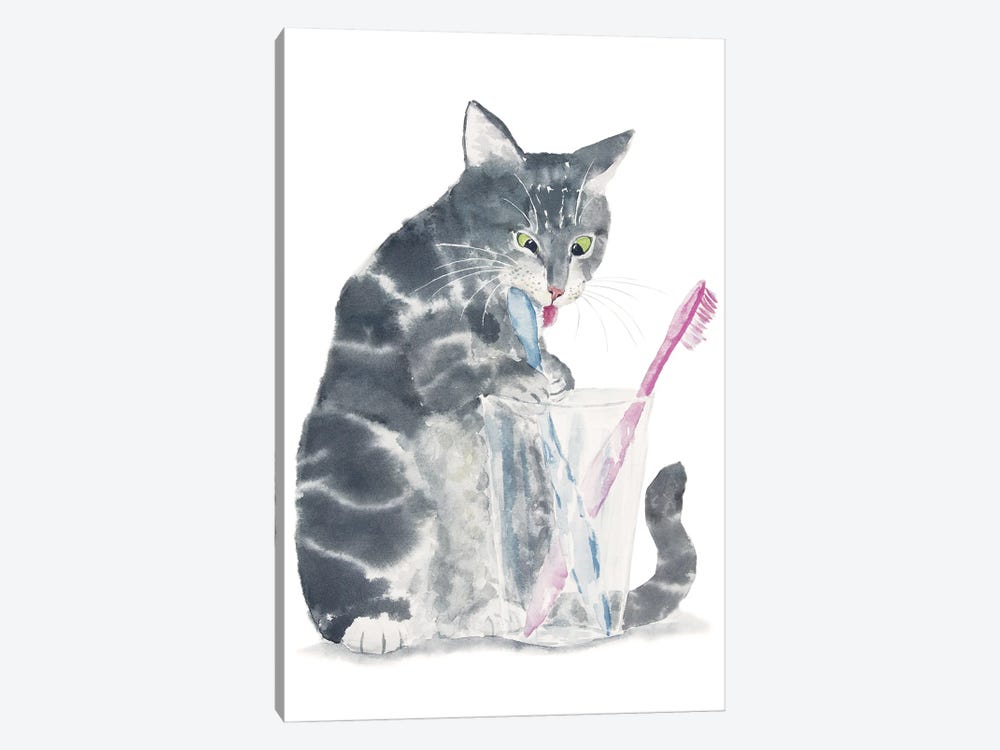 Gray Tabby Cat Brushing Teeth by Alexey Dmitrievich Shmyrov 1-piece Canvas Art