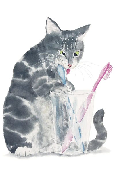 Bathroom Break: Gray Tabby Cat Brushing Teeth by Alexey Dmitrievich Shmyrov