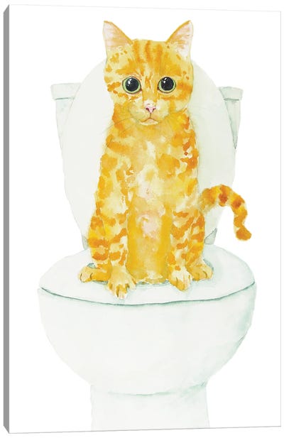 Orange Cat On The Toilet Canvas Art Print - Orange Cat Art