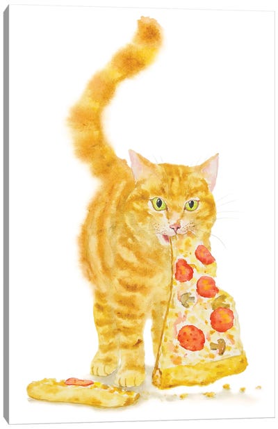 Orange Cat And Pizza Canvas Art Print - Orange Cat Art