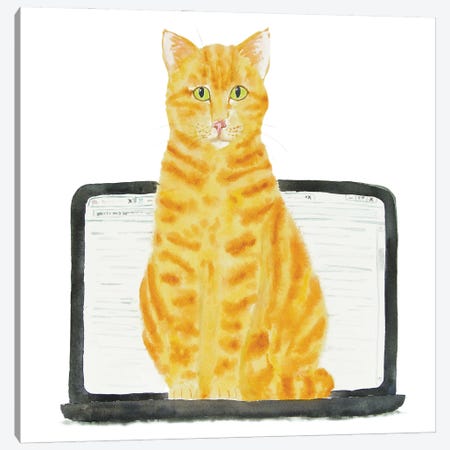 Orange Cat On Laptop Canvas Print #AXS45} by Alexey Dmitrievich Shmyrov Art Print