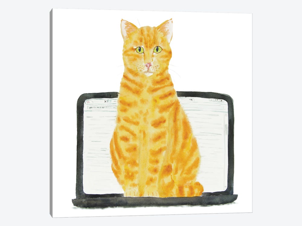Orange Cat On Laptop by Alexey Dmitrievich Shmyrov 1-piece Canvas Art Print