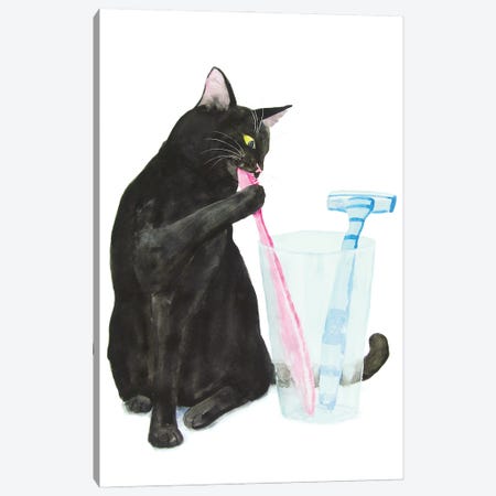 Black Cat Brushing Teeth Canvas Print #AXS5} by Alexey Dmitrievich Shmyrov Canvas Art Print