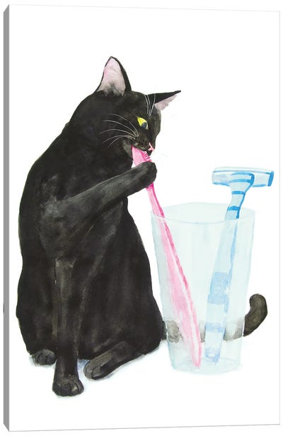 Black Cat Brushing Teeth Canvas Art Print - Bathroom Humor Art