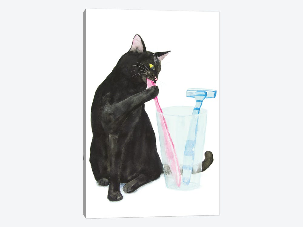 Black Cat Brushing Teeth by Alexey Dmitrievich Shmyrov 1-piece Canvas Art Print