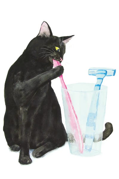 Bathroom Break: Black Cat Brushing Teeth by Alexey Dmitrievich Shmyrov
