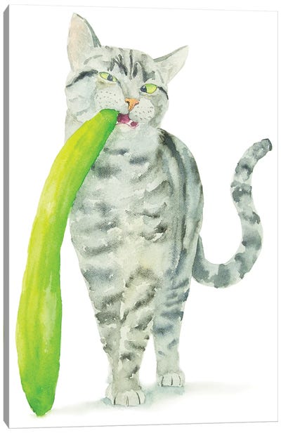 Tabby Cat And Cucumber Canvas Art Print - Vegetable Art
