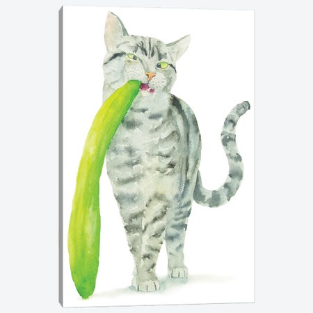 Tabby Cat And Cucumber Canvas Print #AXS64} by Alexey Dmitrievich Shmyrov Art Print