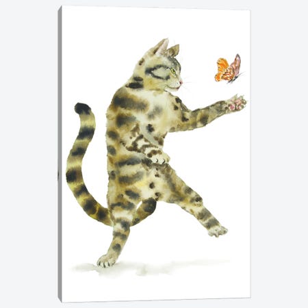 Tabby Cat And Butterfly Canvas Print #AXS65} by Alexey Dmitrievich Shmyrov Canvas Print