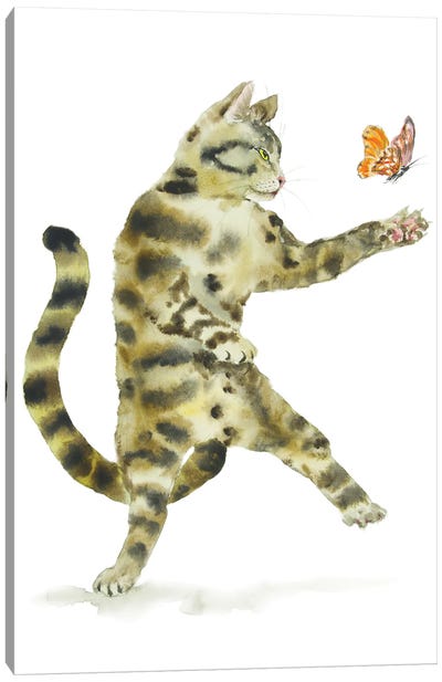 Tabby Cat And Butterfly Canvas Art Print - Tabby Cat Art