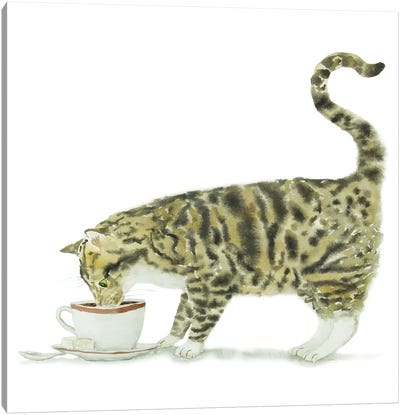 Tabby Cat And Coffee Canvas Art Print - Alexey Dmitrievich Shmyrov