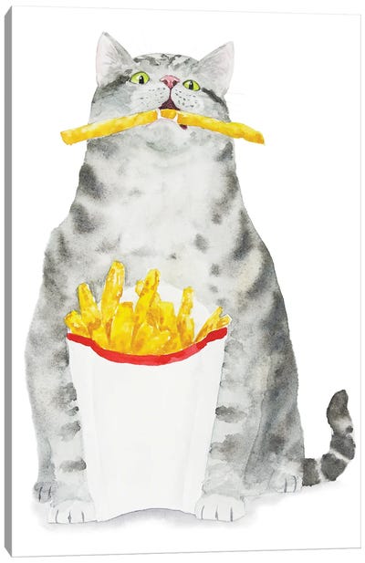 Tabby Cat And French Fries Canvas Art Print - Alexey Dmitrievich Shmyrov